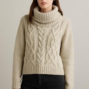 Ophelia Roe Cable Knit Sweater L – Removable Cowl Neck, Soft Beige, Chunky Knit
